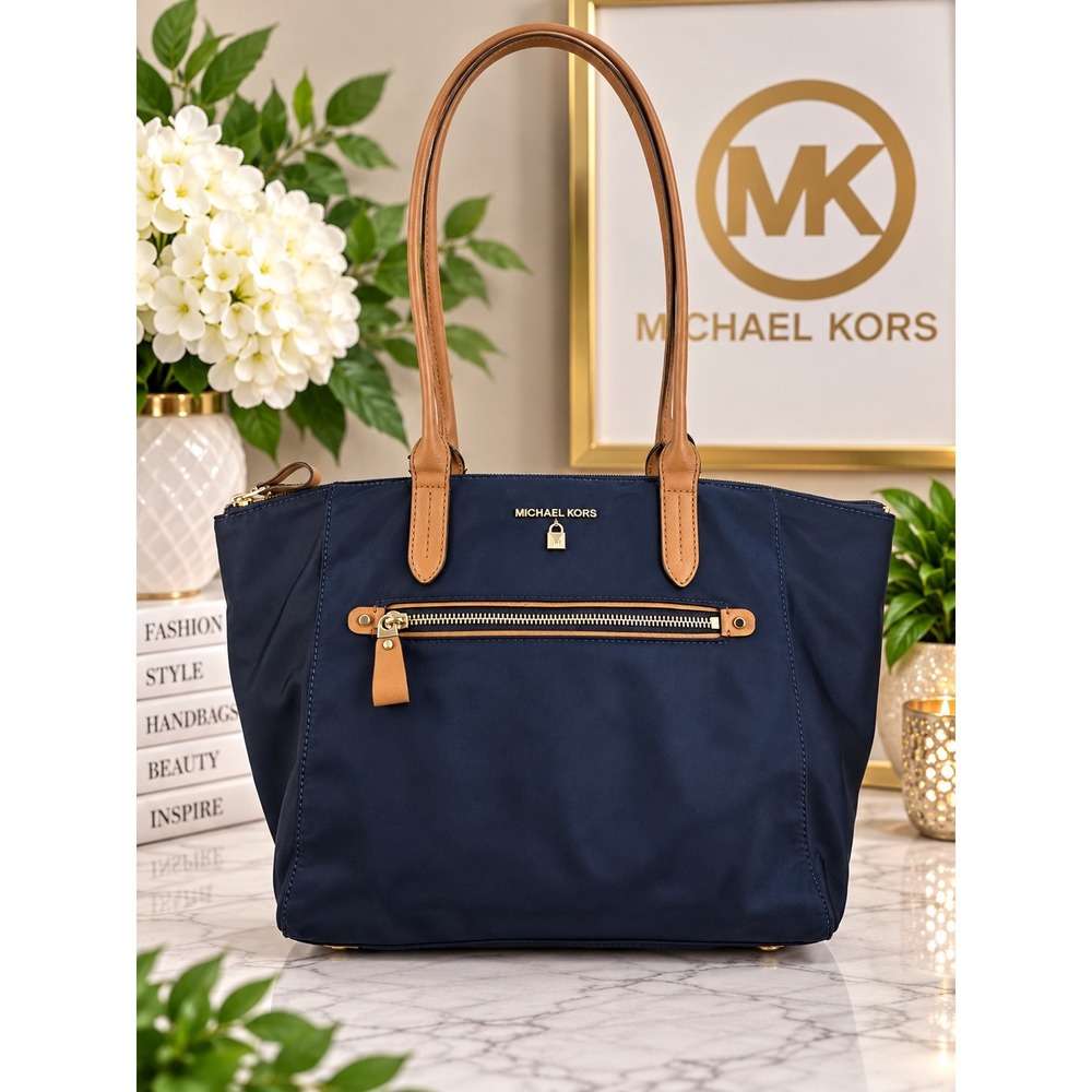Michael Kors Navy Blue Nylon Tote Bag Tan Leather Trim Gold Hardware